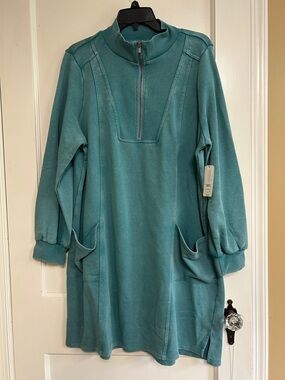 Terra Sky Teal Quarter-Zip Pullover Dress/Long Shirt-2X (20W-22W)-NWT